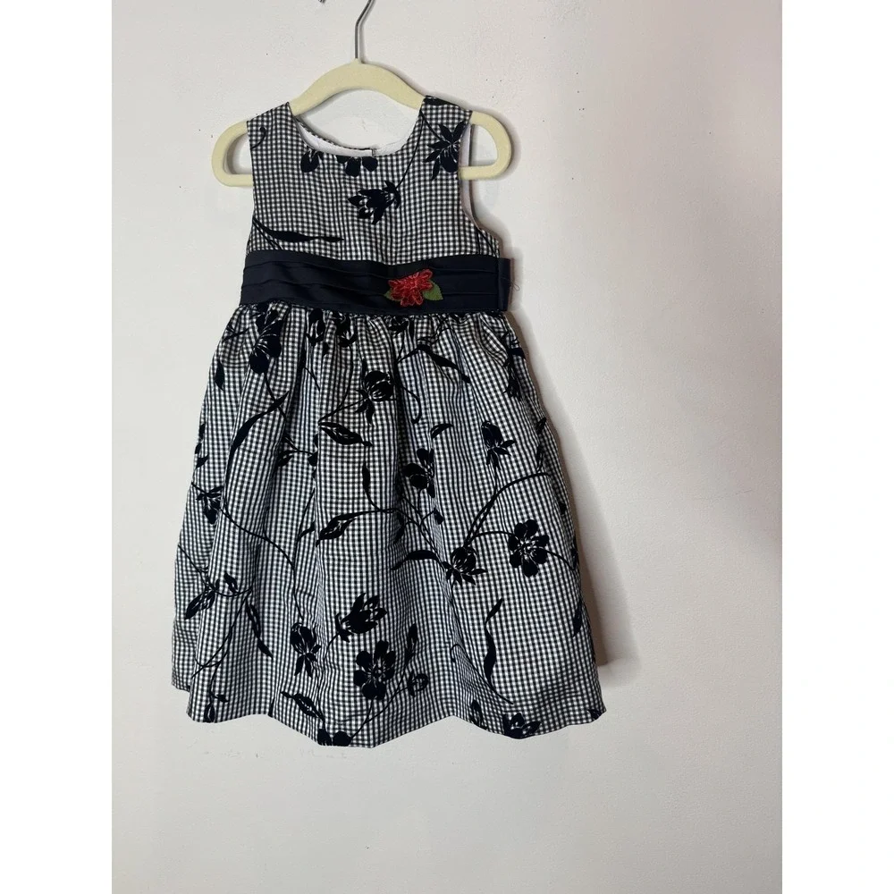 Marmellata Dress Girls 3T Black White Gingham‎ Floral Sleeveless Sash Bow Party